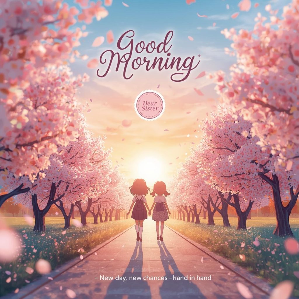 Heartwarming 50+ Good Morning Sister Images & Quotes to Brighten Her Day 30 Two sisters stroll under blooming trees at sunrise with petals floating around them.