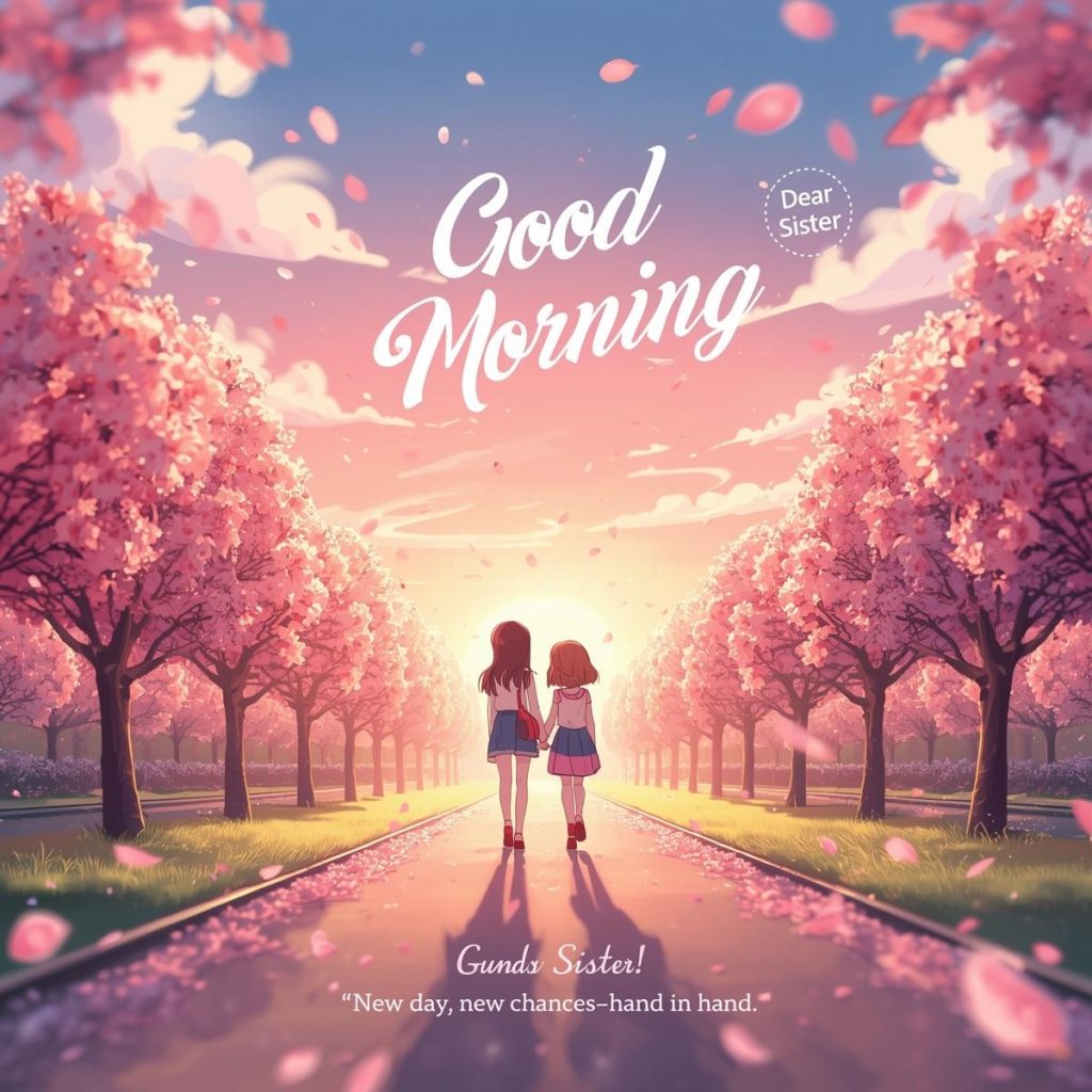 Heartwarming 50+ Good Morning Sister Images & Quotes to Brighten Her Day 31 Two sisters stroll under blooming trees at sunrise with petals floating around them.