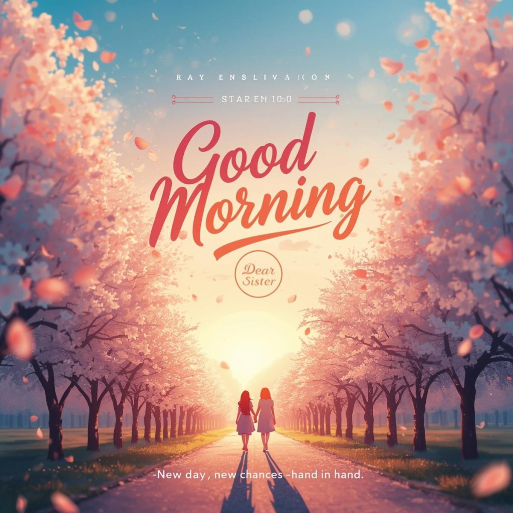 Heartwarming 50+ Good Morning Sister Images & Quotes to Brighten Her Day 32 Two sisters stroll under blooming trees at sunrise with petals floating around them.