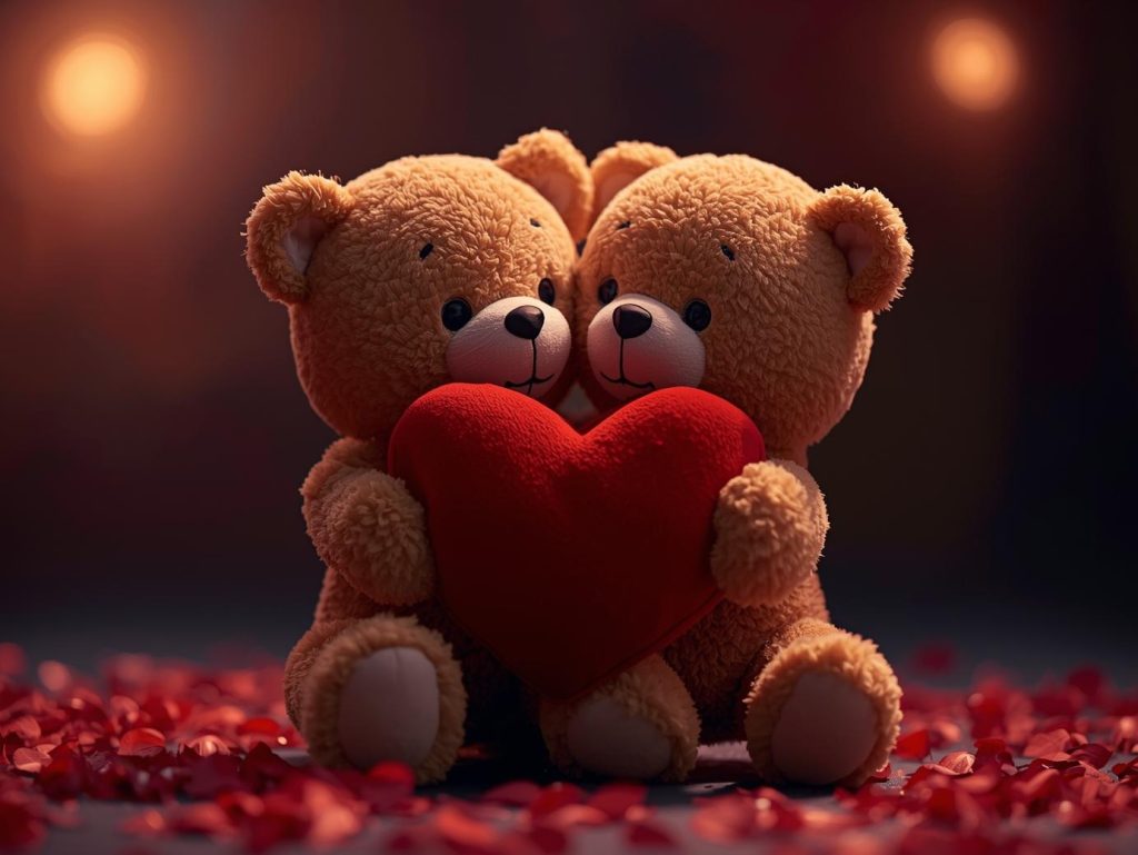 Two teddy bears hugging each other with a heart-shaped pillow