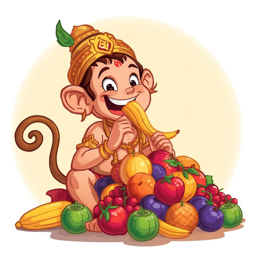 Young Hanuman munching on ripe fruits