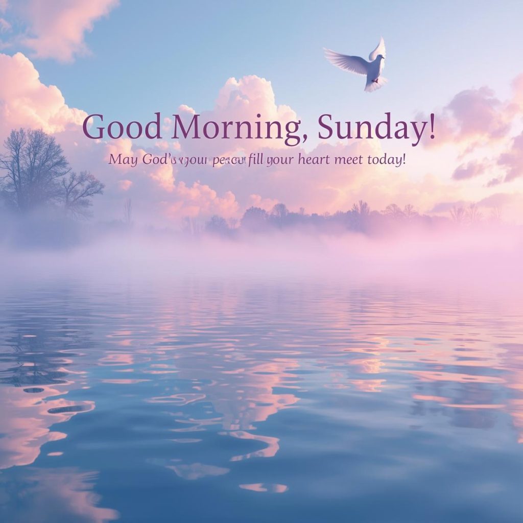 flying over a tranquil lake in the morning fog, with a peaceful Sunday message of God’s peace and blessings.