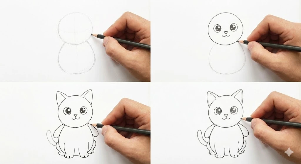 At this stage your cartoon cat should look complete even without colors