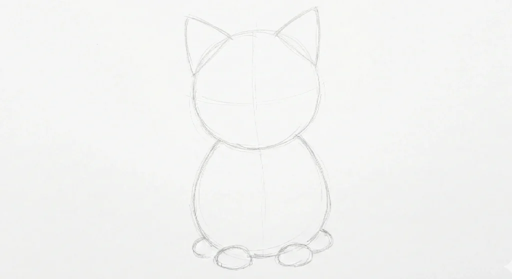 Start by drawing the basic shape of the cartoon cat.